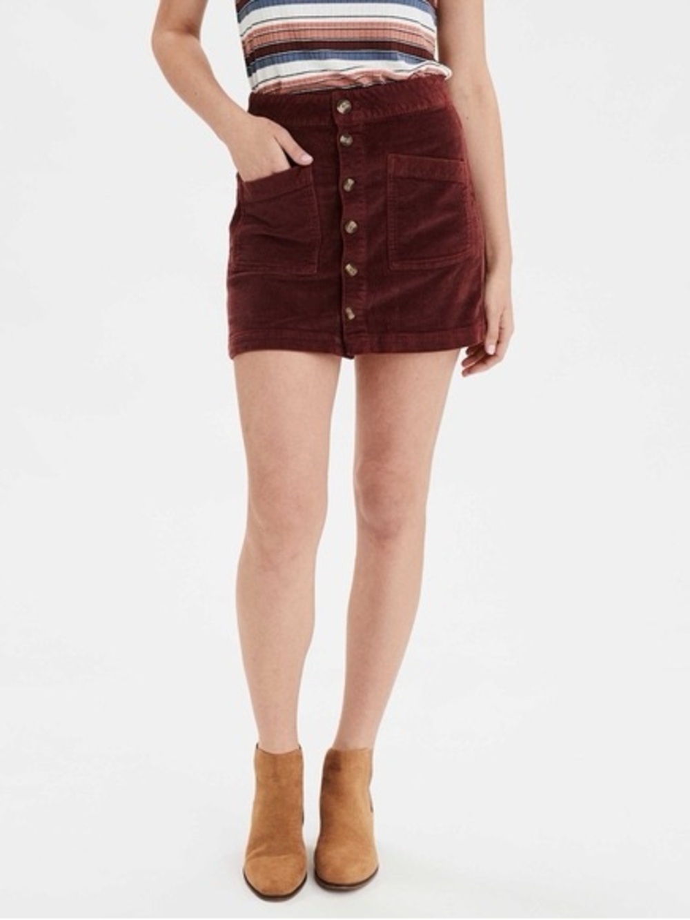 American Eagle Outfitters Burgundy Corduroy Button-Front Mini Skirt